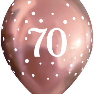 11 Inch Printed Latex Balloons – 70th Birthday – Sparkling Fizz Rose Gold – Pack of 6