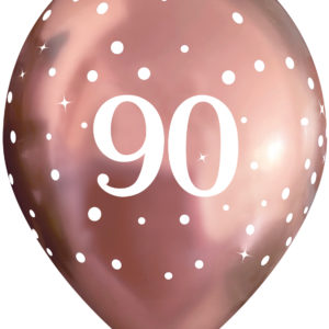 11 Inch Printed Latex Balloons – 90th Birthday – Sparkling Fizz Rose Gold – Pack of 6