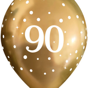 11 Inch Printed Latex Balloons – 90th Birthday – Sparkling Fizz Gold – Pack of 6
