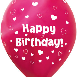 11 Inch Printed Latex Balloons – Happy Birthday Hearts – Fuchsia Pink – Pack of 6