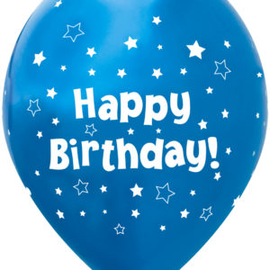 11 Inch Printed Latex Balloons – Happy Birthday Stars – Metallic Blue – Pack of 6